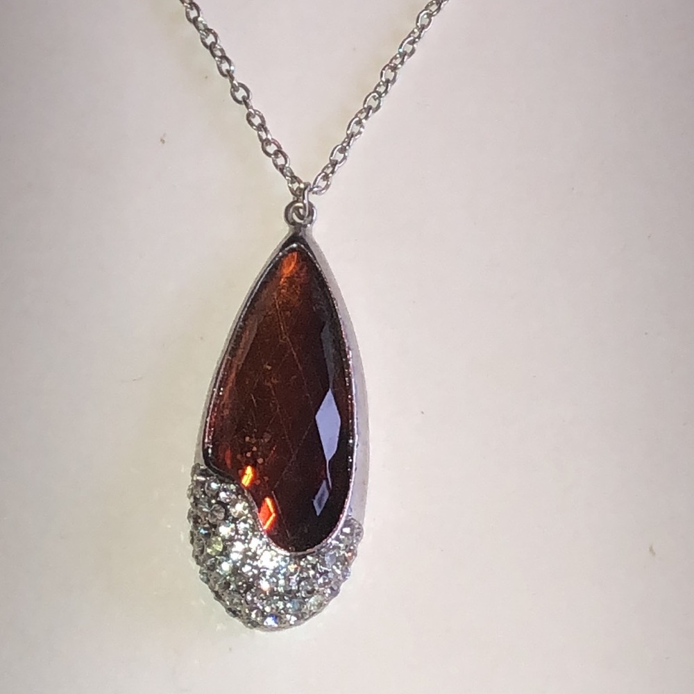 Silver Tone Chain Necklace with Brown Amber Color Teardrop Pendant